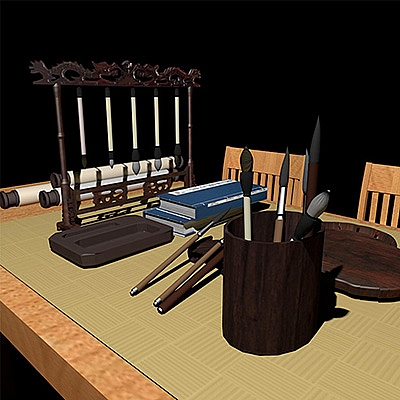 文房四宝C4D模型笔墨纸砚中国风文具创意场景3D模型素材