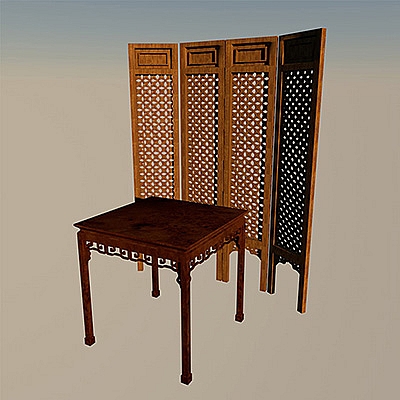 中式家具方桌和中式屏风C4D模型中国风创意场景3D模型素材