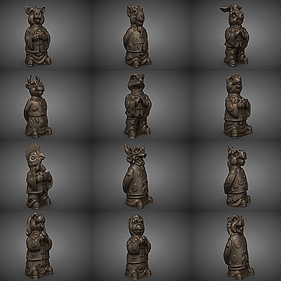 C4D十二生肖12动物卡通雕塑鸡牛马虎羊狗老鼠 3D设计素材