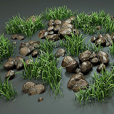 高精岩石绿草C4D模型电影游戏植物草地创意场景3D模型素材
