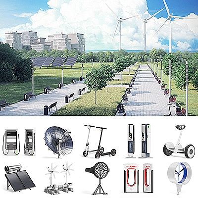 30个绿色节能环保设备C4D模型合集充电桩代步车太阳能风电