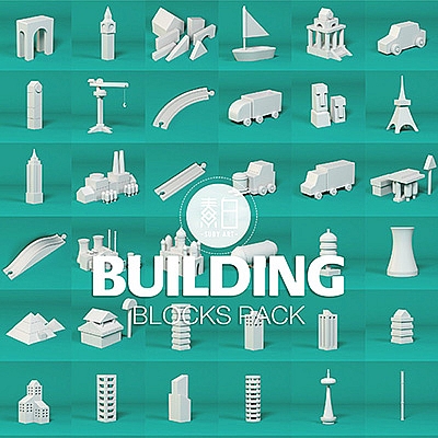 42个C4D卡通低面积木建筑模型预设合集桥拱门塔吊高楼船火车