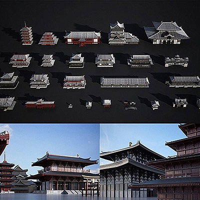 C4D唐代古建宫殿 房子建筑 塔 阁楼工程模型已设默认材质