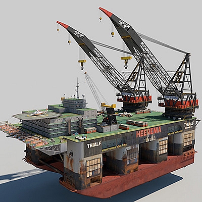 海上石油钻机双吊船C4D模型电影游戏道具创意场景3D模型素材