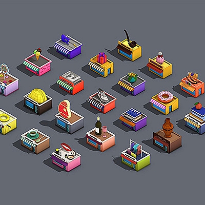 32个低多边形商店店铺C4D模型创意场景3D模型素材C718