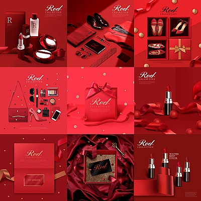 9套中国红美妆专题礼品包装电商ps活动海报模版礼物高清PSD设计
