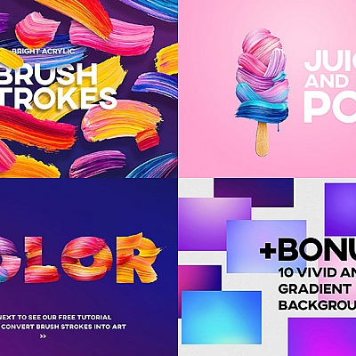 200款笔刷彩色渐变艺术创意元素油漆笔触涂鸦PNG免抠设计素材