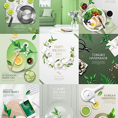 9套美食下午茶海报模板餐饮茶具桌面高清植物绿叶子背景PSD素材