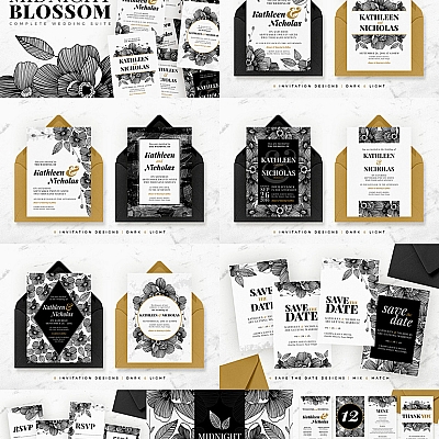 20套复古花卉线描手绘花朵婚礼邀请函AI矢量 PSD设计素材