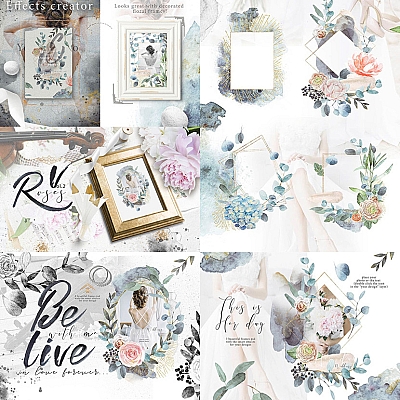 7套文艺卡片婚庆请柬贺卡花卉装饰设计素材 PSD+PNG