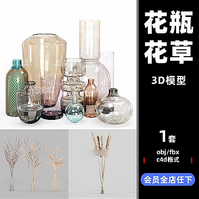 FBX装饰摆件干花干草玻璃花瓶C4D模型OBJ格式3d素材C3506