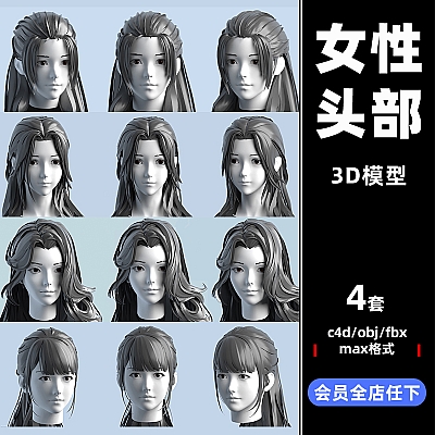 C4D动漫少女女士人物头部头发maya发型fbx模型3d设计OBJ素材C3529