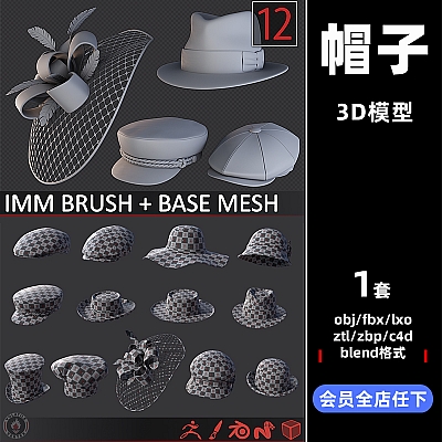 stylized hats caps C4D帽子blend礼帽fbx太阳帽obj高帽zbp贝雷帽3D模型设计素材C3581