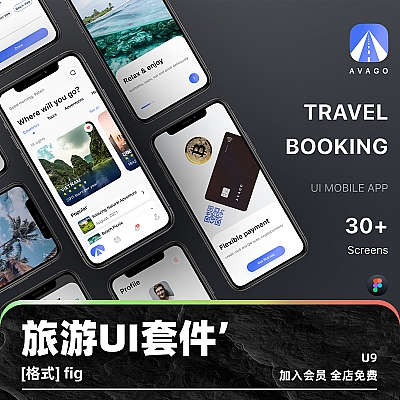 AVAGO – Travel App UI Kit figma旅游应用程序手机app旅行ui套件国家景点寄宿家庭酒店源文件U9