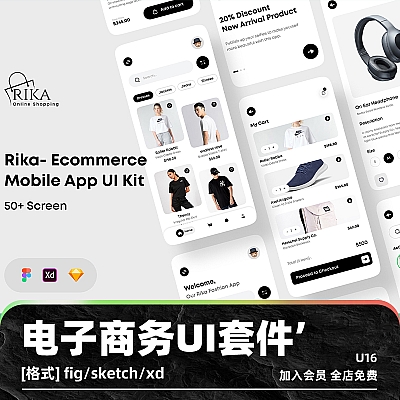 Rika – eCommerce Mobile App UI Kit sketch电子商务移动figma手机APP应用程序UI套件模板ui设计素材xd U16