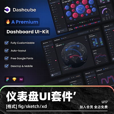 Dashcube – Dashboard Ui Kit sketch高级多功能仪表盘UI套件figma设计素材深色模式网页界面xd U17