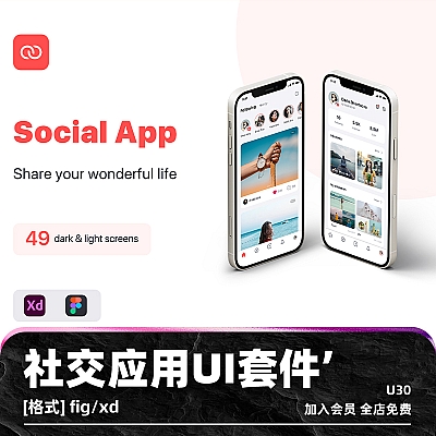 Social App iOS UI Kit figma社交应用iOS手机界面设计UI套件模板xd素材分享照片消息视频U30