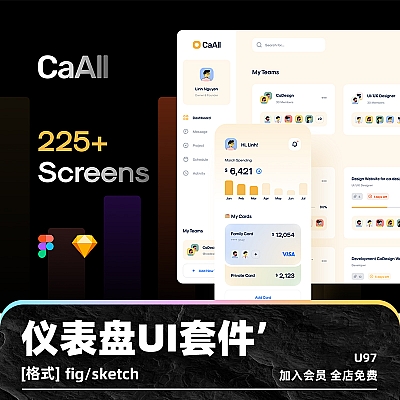 CaAll Dashboard & App UI Kit 仪表盘项目管理财务销售分析页面UI套件模板figma设计sketch素材 U97