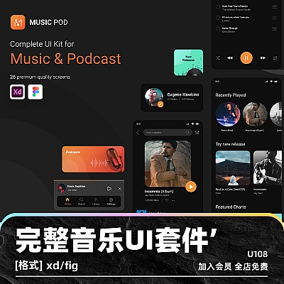 MusicPod App – Complete UI Kit 音乐完整UI套件模板figma用户界面xd设计素材源文件手机app深色ui U108
