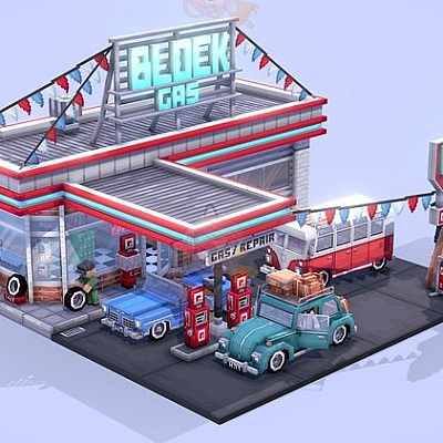 C4D卡通加油站加气站maya模型blend渲染fbx建模obj设计素材源文件C3883