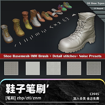 zbrush鞋子笔刷zb画笔建模设计素材塑形基础网格映射模型zbp雕刻C3945
