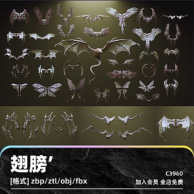 zbrush翅膀笔刷怪兽角色zbp生物肉翅zb画笔obj建模fbx塑形imm雕刻C3960