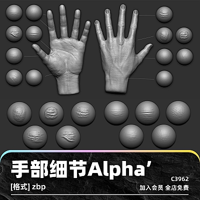 zbrush手部皮肤细节Alpha笔刷zb画笔建模zbp素材纹理填充雕刻图案C3962