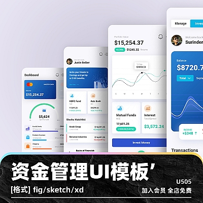 Finology – Money Management App Template fig资金管理应用程序UI模板sketch可定制素材组装设计figma现代xd U505