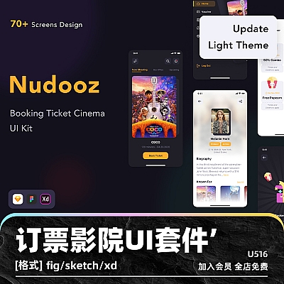 Nudooz – Booking Ticket Cinema UI Kit Figma订票影院UI套件fig模板sketch用户界面屏幕可编辑定制设计xd U516