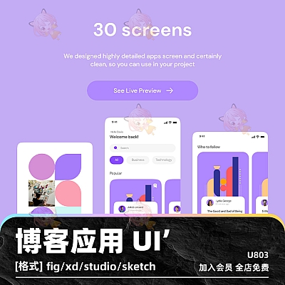 Blog Apps UI KIT 博客应用UI套件fig程序xd设计studio移动应用sketch素材文件模板U803