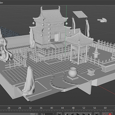 3dmax c4d fbx obj模型古代酒店亭子围栏假山灯笼文件 非实物A895