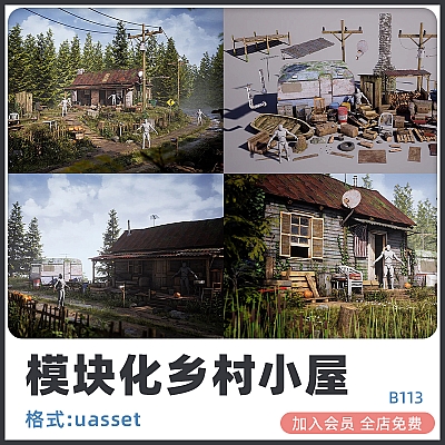 UE4模块化乡村房屋建筑植物花草杂物电线杆木头游戏资产设计素材B113