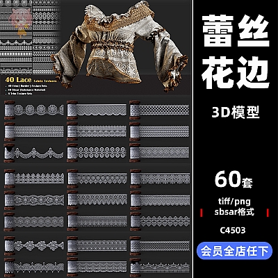 40 Lace Fabric Trim Texture + SBSR – VOL 04 sbsar蕾丝面料饰边纹理花边服装物质材料3D模型建模贴图设计素材C4503