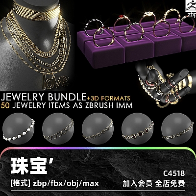 jewelry imm brush + 3d print format zbrush珠宝首饰项链手链戒指吊坠obj模型fbx建模max渲染设计素材C4518