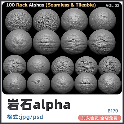 100 Rock Alphas (Seamless & Tileable) 岩石C4D石块maya碎石zbrush石头阿尔法贴图alpha无缝平铺纹理B170