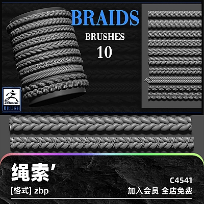 Braids v.2 zbrush绳索麻绳绳子辫子zb画笔建模设计素材塑形填充游戏美术雕刻C4541