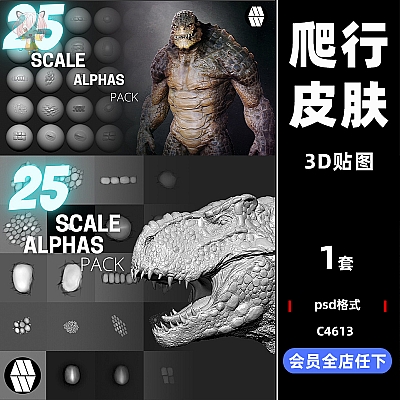 25 Scale Alphas – Custom made Reptile Alphas to use in ZBrush zbrush爬行动物恐龙蜥蜴皮肤凹凸alphas纹理贴图建模雕刻笔刷C4613