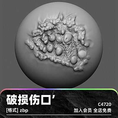 破损皮肤伤口溃烂缝合zbrush笔刷zb画笔建模素材塑形填充雕刻图案C4720