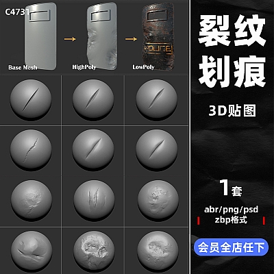 24 MetalCracks_Damages_Scratches+Texturing Tutorial zb金属裂纹损坏划痕zbrush凹痕裂缝abr笔刷贴图纹理硬表面3D素材C4731
