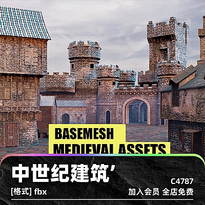 BaseMesh: MEDIEVAL Assets+Texture Vol 2 C4D中世纪建筑纹理城堡城墙砖石老旧纹理fbx模型3D建模渲染素材C4787