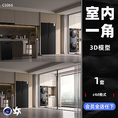 C4D现代公寓房屋一角家具家居阳台洗衣机开放式厨房OC渲染3D场景C5066