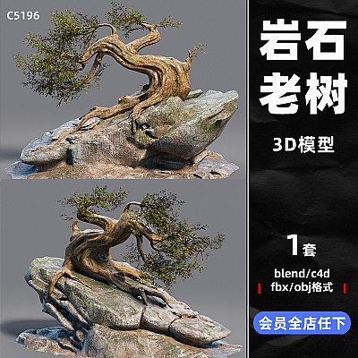 C4D低模岩石苍老古树zbrush植物blender模型fbx设计obj建模3D素材C5196