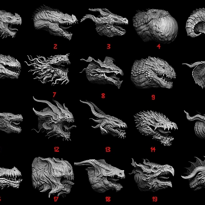 Dragon Head IMM Brush + OBJ zbrush龙头IMM笔刷张嘴闭嘴maya怪物C4D怪兽obj模型ztl建模3d雕刻C5294