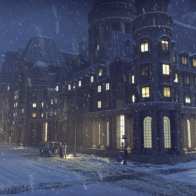 C4D复古欧式建筑汽车雪夜城市人物场景OC渲染器建模工程源文件C5393