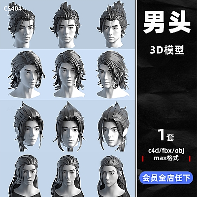 白膜C4D卡通男士武侠人头发型长发max模型fbx建模obj设计maya素材C5404
