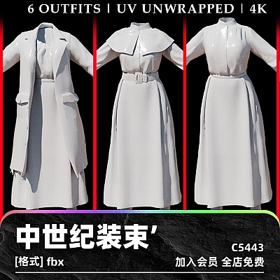 Medieval Outfit C4D中世纪复古装饰装束服装衣服长装fbx模型maya建模md设计素材C5443