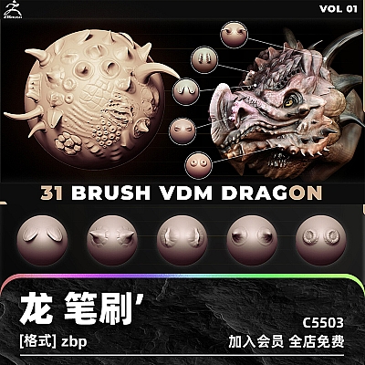 Zbrush – 31 Draogon Vdm Brush Vol 01 Draogon Vdm画笔zbrush笔刷皮肤疤痕撞角恐龙鳄鱼蜥蜴乌龟zb雕刻C5503