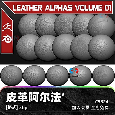 Leather Alphas Volume 01 ZBrush皮革织物沙发皮包夹克细节Alpha笔刷zb纹理雕刻PNG设计素材C5824