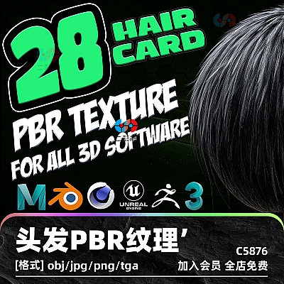 28 Hair Card PBR Texture for all 3d software obj头发细节浓密简单头发单发多股婴儿头发3D模型C4D渲染zb建模C5876