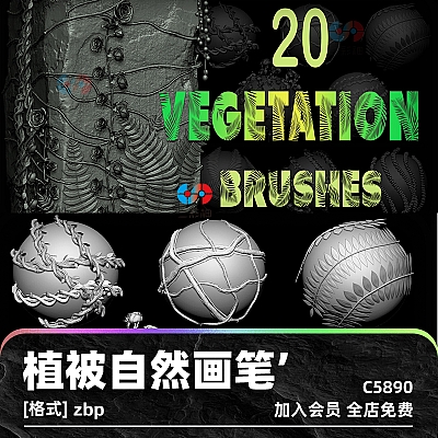 Zbrush – 20 Vegetation Nature Brushes Pack zbrsuh植被自然VDM画笔imm画笔藤蔓玫瑰蘑菇苔藓zb建模雕刻图案C5890